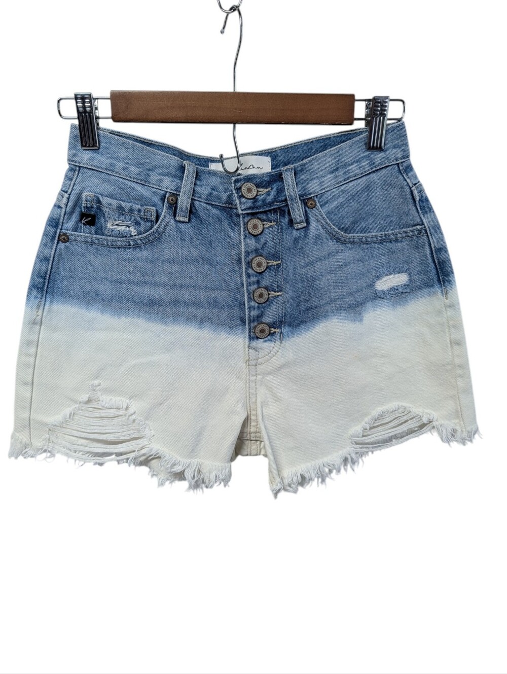 KanCan High Waisted Ombre Bleached Denim Shorts Button Fly Distressed Raw Hem S